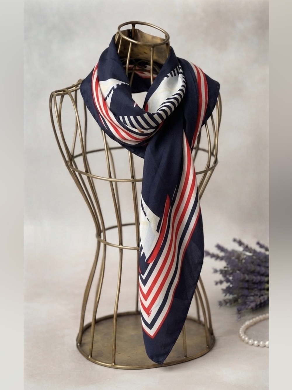 Vintage Nautical Scarf Karina Navy Red Stripe Sailing Chic Retro Aesthetic